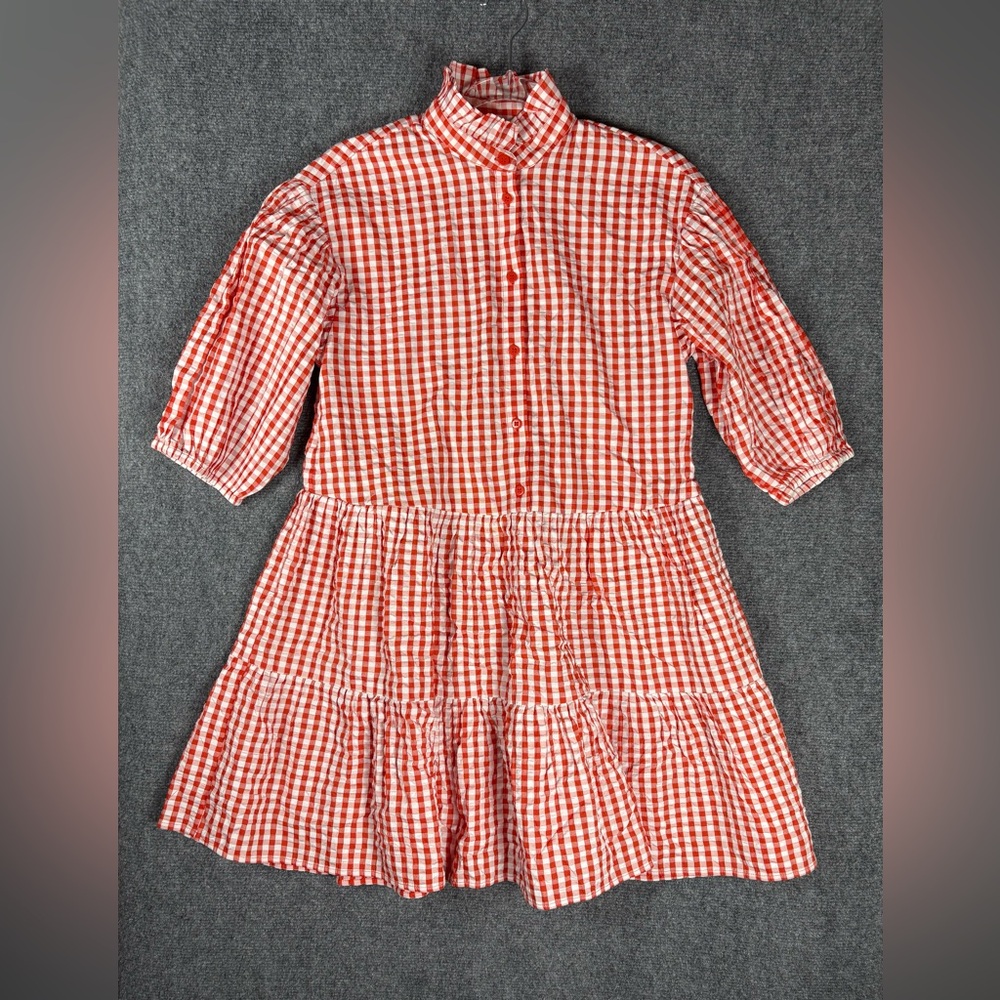 Monki Red White Gingham Tiered Shirt Dress XS Puff Sleeve Button Front